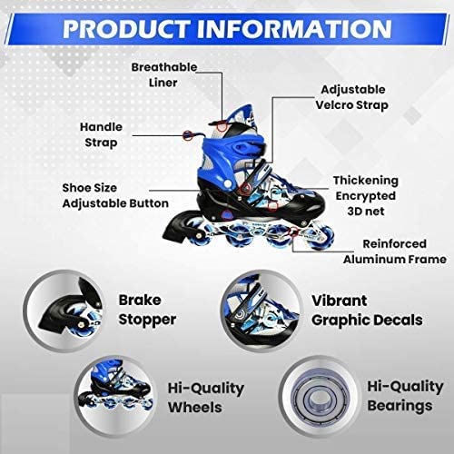 Skatingzone's Inline Skates Size Adjustable All Pure PU Strong Wheels Aluminium with LED Flash Light on Wheels, Skating Boy Age Group 6-15 Years (Blue)