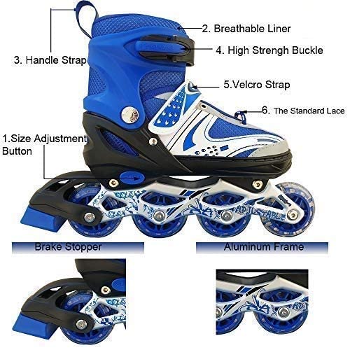 Skatingzone's Inline Skates Size Adjustable All Pure PU Strong Wheels Aluminium with LED Flash Light on Wheels, Skating Boy Age Group 6-15 Years (Blue)